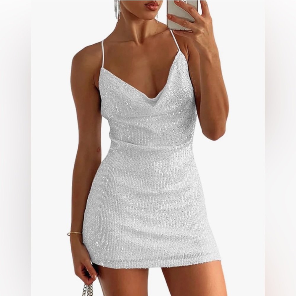 Amazon White Sequins Cross Tie Mini Dress